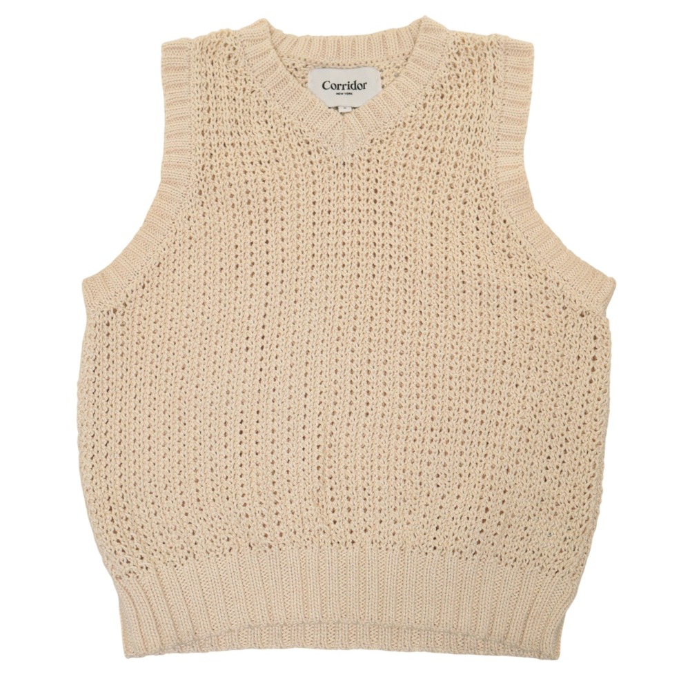 Corridor NYC Sweater Vest Men S V-Neck Open Knit Crochet Cream Organic Cotton